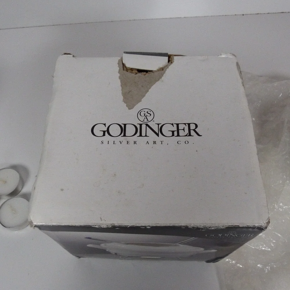 GODINGER 6 PC Cheese FONDUE Set Porcelain Casserole 4 Forks Metal Stand Oven New